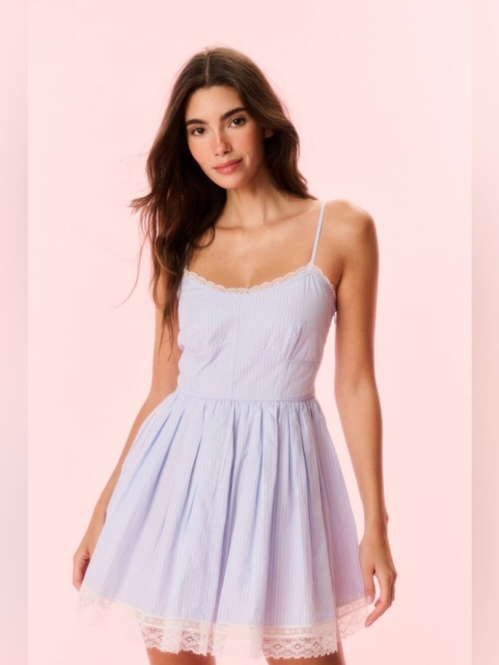 LoveShackFancy Harrisine Pinstripe Mini Dress in Sky Lagoon | Like New